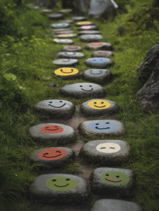 A path where each stepping stone is a different emoji, symbolizing the journey through varying emotional states