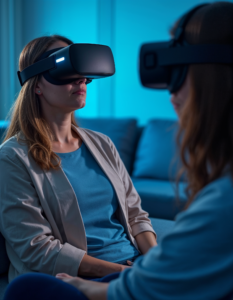 A patient experiencing a calming virtual environment through their VR headset, guided by a therapist