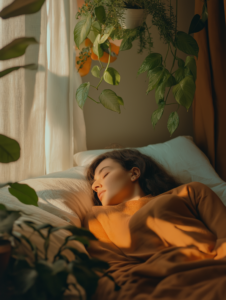 A peaceful bedroom scene with a person sleeping soundly, highlighting the importance of rest for mental health