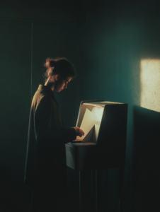 A person casting a ballot in a low-lit voting booth, emphasizing the private, personal decision-making aspect of voting