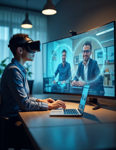 A person collaborating with colleagues in a virtual meeting room, their physical surroundings blending with the digital space