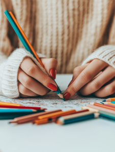 A person engaging in stress-relief activities like coloring, knitting, or working on a puzzle, representing coping mechanisms for anxiety