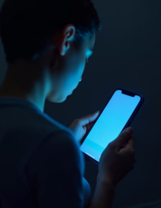 A person experiencing anxiety, holding their phone with a calming meditation app open, the screen emitting a soothing blue light, representing the support and guidance provided by digital health tools