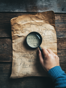 A person holding a magnifying glass over a financial report that transforms into a treasure map, symbolizing discovering hidden financial opportunities