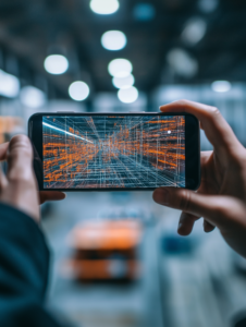 A person holding a smartphone and viewing an AR overlay of information on a physical object, showing the blend of physical and digital worlds