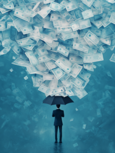 A person holding an umbrella made of banknotes, standing in a storm of financial data, symbolizing financial protection amidst uncertainty