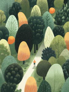 A person jogging through a forest where the trees are made of giant fruits and vegetables, symbolizing nature’s role in fitness and well-being