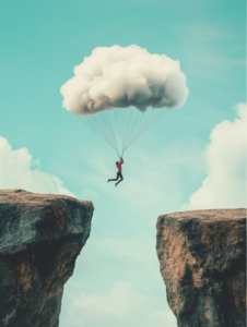 A person jumping off a cliff with a parachute made of clouds, symbolizing taking a leap of faith into an unknown adventure