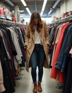 A person overwhelmed by the sheer volume of clothes in a fast-fashion store, capture the feeling of overconsumption and disposability