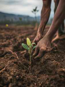 A person planting a young tree in a deforested area, symbolizing reforestation efforts and combating climate change