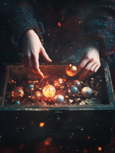 A person reaching into a treasure chest filled with glowing orbs, each orb representing a different emotion or feeling