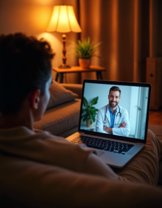 A person relaxing on their couch, engaged in a video consultation with a doctor displayed on their laptop, bathed in warm, inviting light, emphasizing the convenience and accessibility of telemedicine