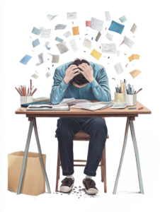 A person sitting at a cluttered desk with their head in their hands, symbolizing the feeling of burnout and the need for mental health breaks