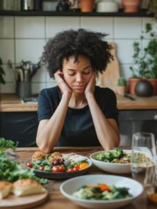 A person sitting at a table savoring their food, representing mindful eating practices and the connection between diet and mental health