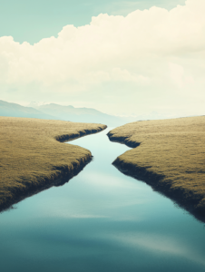 A person standing at the mouth of a river, where the water splits into multiple paths that lead to different landscapes