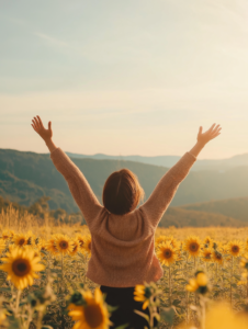 A person standing in a field of sunflowers, their arms open to the sky, symbolizing the joy and freedom found in spiritual belief