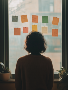 A person standing in front of a mirror, reading affirmations from sticky notes, emphasizing the importance of starting the day with positivity