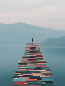 A person standing on a bridge made of credit cards, symbolizing using financial tools to overcome obstacles