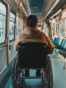 A person using a wheelchair-accessible vehicle or public transport, highlighting the importance of accessible transportation options