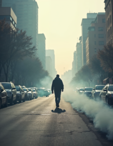 A person walking through a city leaving behind a fading trail of gray smoke representing their carbon footprint