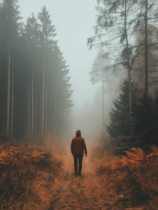 A person walking through a foggy forest, where the fog represents confusion or uncertainty in mood