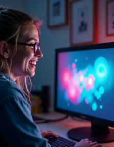 A person with a visual impairment smiling as they use a screen reader, the words on the screen transforming into vibrant, flowing shapes representing the auditory experience