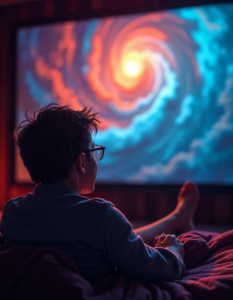 A person with low vision enjoying a movie with audio description, the scene coming to life with vivid, swirling colors representing the rich auditory details filling in the visual gaps