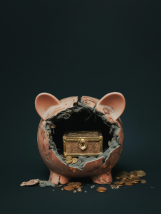 A piggy bank cracked open to reveal a treasure chest inside, symbolizing the hidden wealth that comes from saving