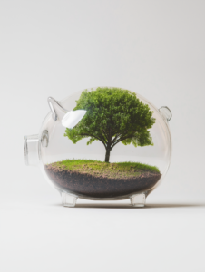 A piggy bank made of glass, showing a growing tree inside, symbolizing transparency and sustainable financial growth