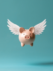 A piggy bank with wings, soaring into the sky, symbolizing financial freedom and upward mobility