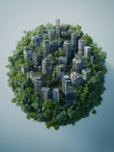 A plant cell transforming into a futuristic city, symbolizing the application of biological principles in urban development and sustainability