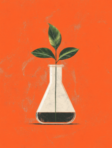 A plant growing inside a laboratory flask, symbolizing the intersection of biology and scientific experimentation