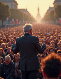 A political leader delivering a passionate speech to a large crowd, inspiring and mobilizing citizens