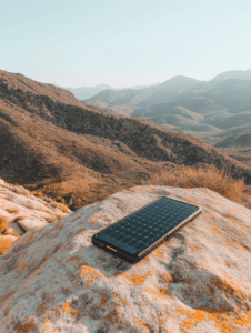 A portable solar charger powering a phone or small device while outdoors, promoting sustainable energy solutions in everyday tech