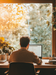 A professional working from home, taking a break by stepping outside or spending time with family, representing a healthy work-life balance