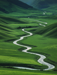 A racetrack that turns into a flowing river, symbolizing the connection between movement