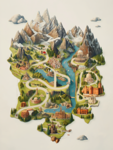 A road map where each route leads to famous global attractions, symbolizing the interconnectedness of the world through travel