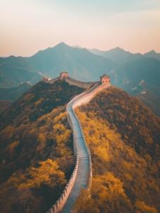 A road where each stop is marked by a famous landmark, like the Great Wall of China or the Taj Mahal, symbolizing the journey of visiting iconic sites