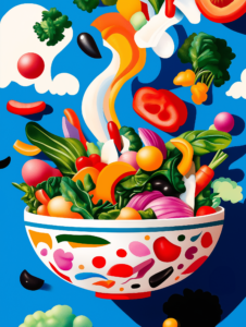 A salad bowl with ingredients dancing around like a colorful ballet, symbolizing the light, healthy, and vibrant energy of fresh meals