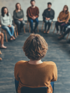 A scene of community members engaged in mediation or restorative justice practices, highlighting alternative approaches to conflict resolution