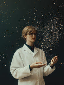 A scientist holding a molecular structure that dissolves into data points, symbolizing the digital analysis of natural phenomena