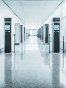 A security checkpoint with a full-body scanner, symbolizing airport or event security screening