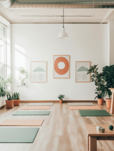 A serene, organized office space with wellness posters and employees taking breaks, focusing on workplace mental health initiatives