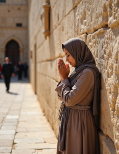 A serene photo of a woman in traditional dress praying at the Western Wall in Jerusalem, highlighting the diversity of religious practices around the world