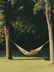 A shared hammock swinging between two trees, representing relaxation and the comfort found in close bonds