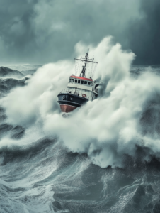 A ship fighting against towering waves in a storm, symbolizing the dangers and challenges faced by maritime workers at sea