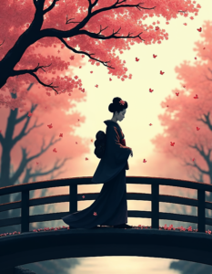 A silhouette of a lone geisha gracefully walking across a bridge in Kyoto, Japan, with cherry blossoms falling around her