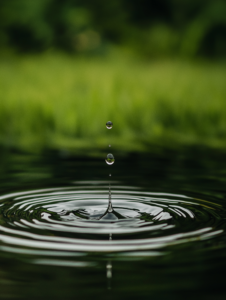 A single drop of water falling into a still pond, creating ripples that spread outward, symbolizing the far-reaching impact of faith and belief