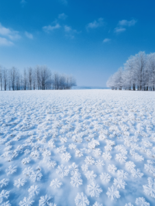 A snow-covered field where the snowflakes are shaped like flowers, symbolizing the gentle side of winter weather