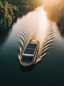 A solar-powered boat gliding down a river, representing the intersection of renewable energy and sustainable waterway transport